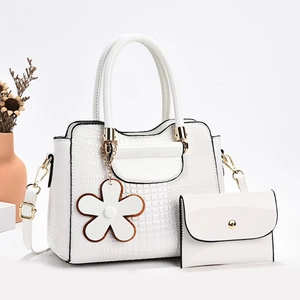 White crocodile pattern tote bag set with matching envelope pouch and floral charm