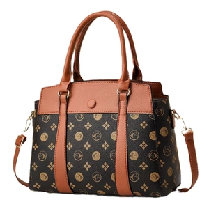 Grand sac fourre-tout à coutures contrastées et motifs dorés avec une bandoulière réglable