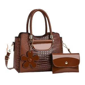Dark brown crocodile embossed patent leather tote bag and matching wallet set