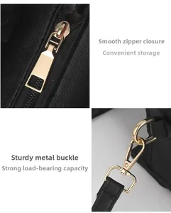 Close-up of golden metal zipper and swivel snap hook on black lychee grain leather bag