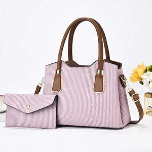 Light purple striped tote bag set with brown handles and matching envelope clutch purse