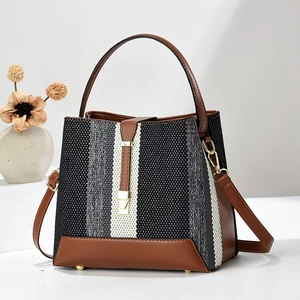 Women's Patchwork Woven Bucket Bag PU Leather Striped Shoulder Bag Contrast Color Crossbody Bag Trendy Handbag For Daily