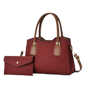 Striped multi-layer wine red tote bag set with matching wallet and golden hardware
