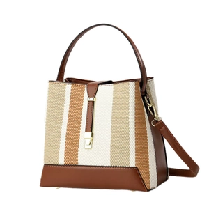 Fashion woven bucket bag with color-block stripes and detachable leather shoulder strap