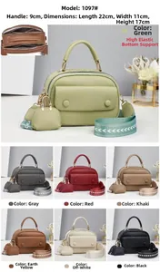 Detailed views of multi-compartment leather handbag in 7 colors with geometric straps
