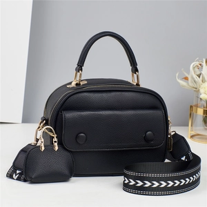 Women's Fashion Litchi Texture PU Leather Shoulder Bag With Wide Printed Strap And Mini Pouch Crossbody Handbag For Daily Use