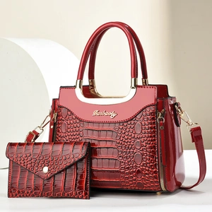Red crocodile embossed patent leather tote bag and wallet set with gold hardware