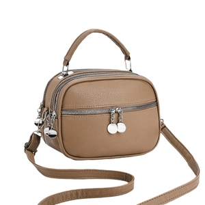 Multi-layer khaki crossbody bag in lychee pattern leather with adjustable shoulder strap