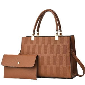 Brown checkered tote bag set with matching pouch and golden metal hardware on white background