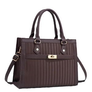 Fashionable dark coffee striped tote bag with gold hardware and versatile crossbody strap