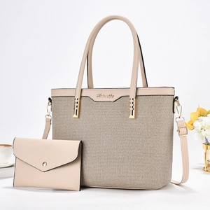 Ensemble sac cabas en toile beige avec pochette assortie et bandoulière réglable