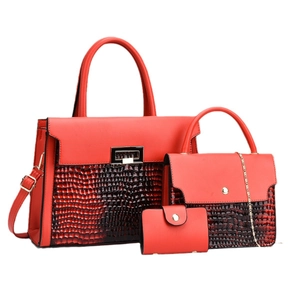 Three-piece red crocodile pattern tote bag set with detachable straps and gold hardware