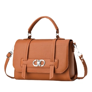 Brown lychee texture handbag with silver metal buckle and adjustable shoulder strap