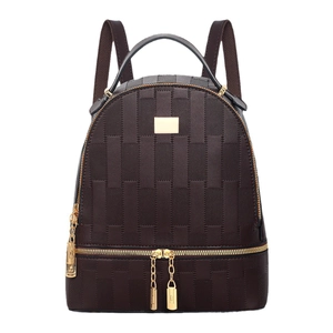 Classic dark brown checkered backpack with golden hardware and adjustable straps