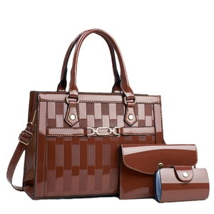 Deep brown 3-in-1 tote bag set with glossy patent finish and woven texture details