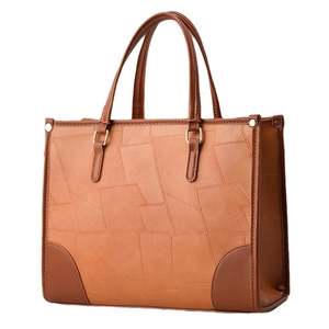 Brown leather patchwork tote bag with geometric design and large capacity for women