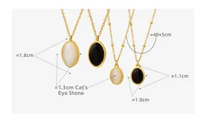 Vue détaillée des pendentifs en œil-de-chat en deux tailles avec chaînes en acier titane doré
