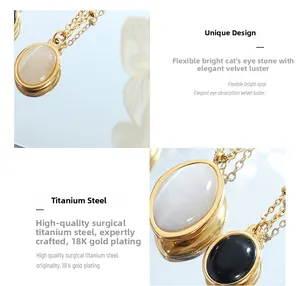 Vue détaillée macro d'une pierre œil de chat et gemme noire sur collier plaqué or 18K