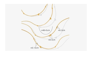 Detailed size guide of gold heart pendant necklace showing 40+5cm chain length and charms