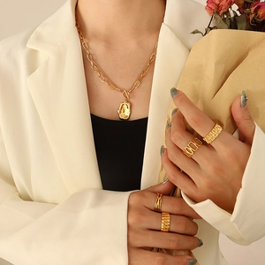 Double Layer Necklace Stainless Steel 18K Gold Plated Irregular Molten Pendant Minimalist Retro Jewelry For Women