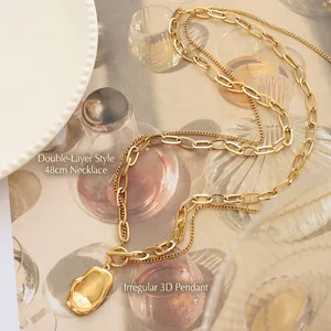 Double-layer gold plated stainless steel necklace with irregular geometric pendant