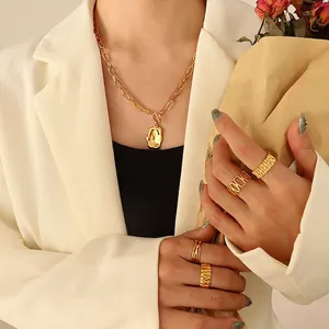 Double-layer gold plated titanium steel necklace with irregular pendant and rings