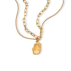 Double-layer gold plated titanium steel necklace with irregular lava pendant and OT clasp