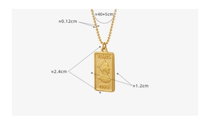 Detailed view of gold plated rectangle pendant with Venus portrait and size dimensions
