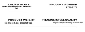 Specifications for heart jewelry set in titanium steel showing necklace and bracelet weight