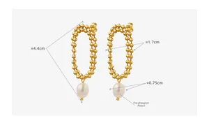 Detailed size view of gold beaded oval earrings with hanging freshwater pearls and dimensions