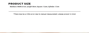 Size chart showing 50cm necklace length and detailed dimensions of geometric pendants
