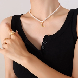 French style natural freshwater pearl necklace with 18K gold plated moon pendant for women