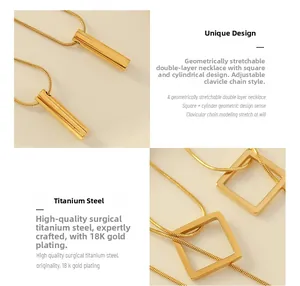 Detail of 18K gold-plated double-layer necklace with geometric pendants and snake chain