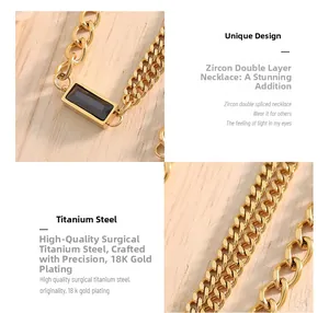 Detail of 18K gold plated titanium steel double chain necklace with black zircon