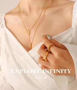 Detailed view of layered gold geometric pendant necklaces and trendy textured gold rings