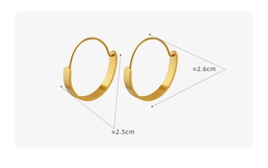 Nahaufnahme goldener Edelstahl-Ohrringe mit den Größenangaben von 2,6 cm x 2,5 cm