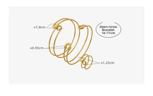 Detailed view of golden multi-layer crisscross open bracelet with size measurements