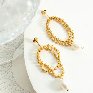 Elegant gold titanium steel double-layer beaded earrings with natural freshwater pearls