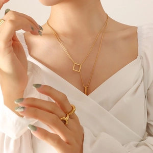 Double-layered gold-plated stainless steel necklace with geometric square and bar pendants