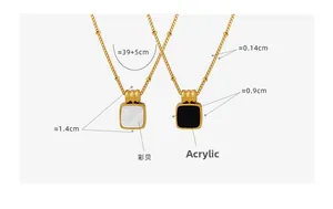 Detailed size specifications for gold square shell and black acrylic bead necklaces