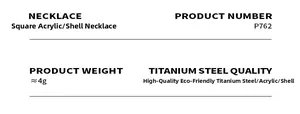 Detailed spec chart of titanium steel necklace with square acrylic and shell inlay