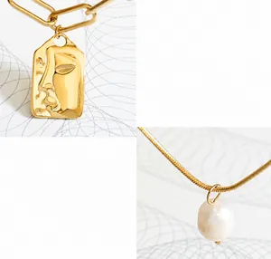 Detail of 18K gold-plated titanium steel necklace with square pendant and freshwater pearl