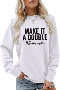 Detail of white cotton sweatshirt featuring black bold Make It A Double text print