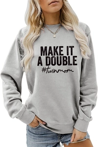 Detail view of grey knit sweatshirt featuring black Make It A Double print and twinmom tag