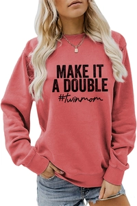 Detail of coral pink twin mom sweatshirt with Make It A Double graphic and ribbed cuffs