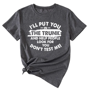 Détail du t-shirt gris anthracite avec lettrage humoristique I'll Put You In The Trunk