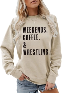 Detail of light khaki sweatshirt featuring black Weekends Coffee & Wrestling print