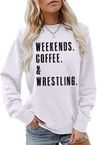 Close-up of Weekends Coffee and Wrestling printed lettering on white cotton sweatshirt