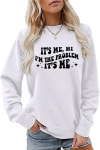 Detailansicht des It's me hi i'm the problem Slogans und Sterne auf weißem Sweatshirt