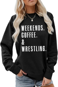 Detail of crew neck sweatshirt featuring WEEKENDS COFFEE WRESTLING text and ribbed cuffs